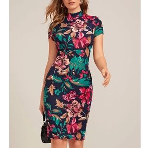 Floral Pattern Navy Blue Slim Dress Knee Length